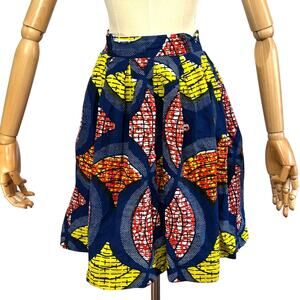 Handmade Nigeria Ankara Wax Print Blue Yellow 100% Cotton Geometric Mini Skirt